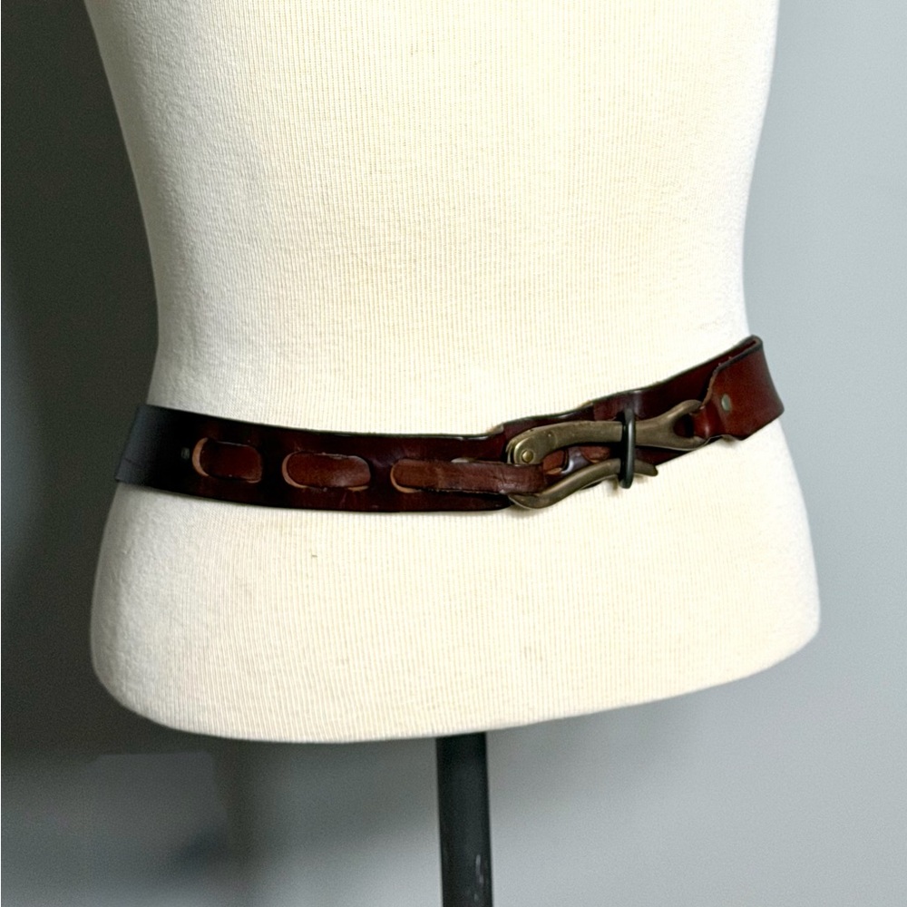 36in Vintage Brass Nautical Pelican Hook Darker Brown Leather Belt - Picture 5 of 16